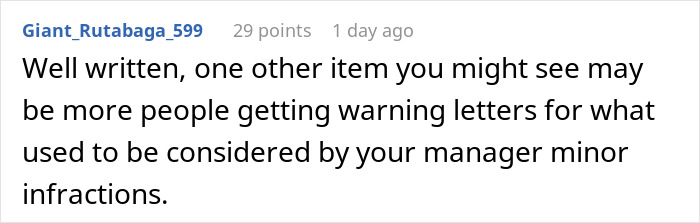 Screenshot of a Reddit comment discussing warning letters as subtle red flags indicating job insecurity.