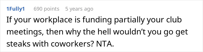 Text comment about employee pushing back against vegan-only club, debating having steaks with coworkers. Text comment about employee pushing back against vegan-only club, debating having steaks with coworkers.
