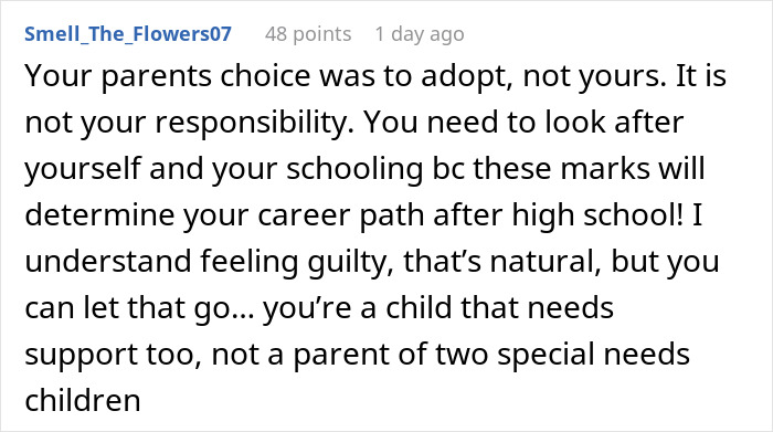 Reddit comment advising an exhausted teen caring for autistic siblings to prioritize schooling, self-care, and not feel guilty