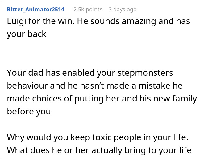 Comment discussing teen’s realization of stepmother’s true colors and insecurities about a kid in a toxic family dynamic. Comment discussing teen’s realization of stepmother’s true colors and insecurities about a kid in a toxic family dynamic.