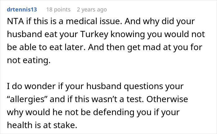 Screenshot of a Reddit comment discussing a husband’s reaction to a picky eater with allergies in a family setting. Screenshot of a Reddit comment discussing a husband’s reaction to a picky eater with allergies in a family setting.