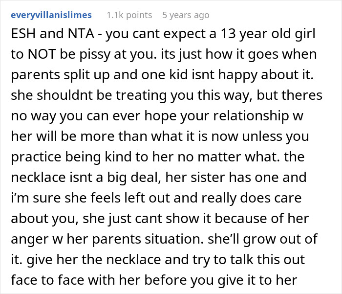 Reddit comment discussing a 13-year-old’s tension with dad’s girlfriend and regret over not accepting her gift. Reddit comment discussing a 13-year-old’s tension with dad’s girlfriend and regret over not accepting her gift.