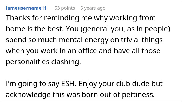 Comment discussing office personality clashes and mental energy related to employee pushback against vegan-only club. Comment discussing office personality clashes and mental energy related to employee pushback against vegan-only club.