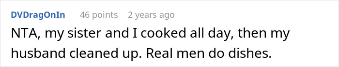 Comment discussing husband backing out of deal to help clean up after Thanksgiving meal and wife calling him out on it. Comment discussing husband backing out of deal to help clean up after Thanksgiving meal and wife calling him out on it.