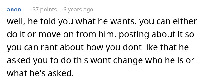 Screenshot of an online forum comment discussing a boyfriend demanding laser removal of all body hair.