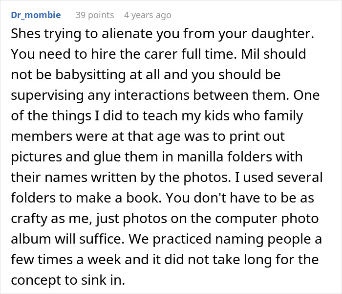 Comment from Dr_mombie advising mil to teach toddler family names using photo albums under mother supervision for better learning. Comment from Dr_mombie advising mil to teach toddler family names using photo albums under mother supervision for better learning.