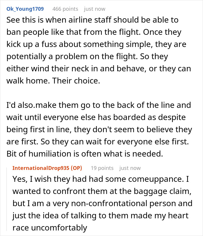 User comments discussing an entitled British woman causing distress over an airline luggage policy confrontation. User comments discussing an entitled British woman causing distress over an airline luggage policy confrontation.