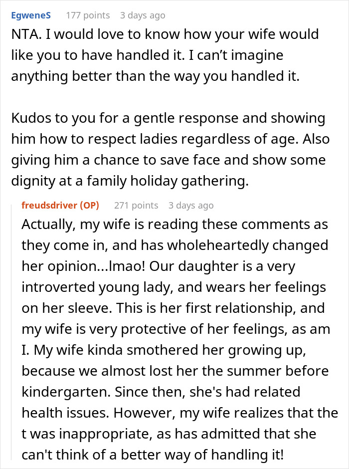 Reddit comments discussing a guy wearing an inappropriate shirt as a dare at dinner with girlfriend’s parents. Reddit comments discussing a guy wearing an inappropriate shirt as a dare at dinner with girlfriend’s parents.