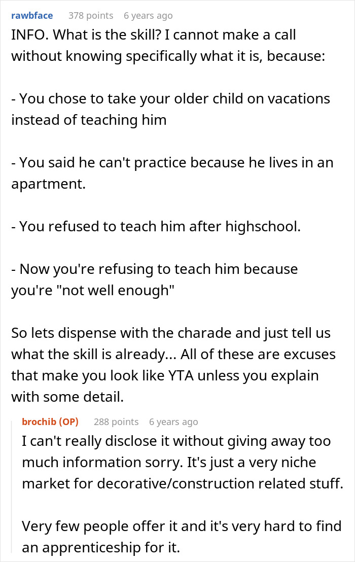 Screenshot of an online discussion about a man upset over not learning craft skills from his dad while half-brothers start a business.