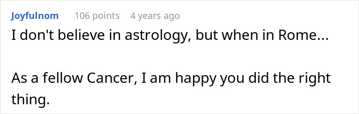 Screenshot of a Reddit comment discussing astrology and Cancer in relation to a cheating and breakup story.
