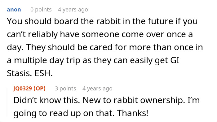 Text conversation about rabbit care advice, highlighting concerns over owner trusting bestie with bunny during vacation.