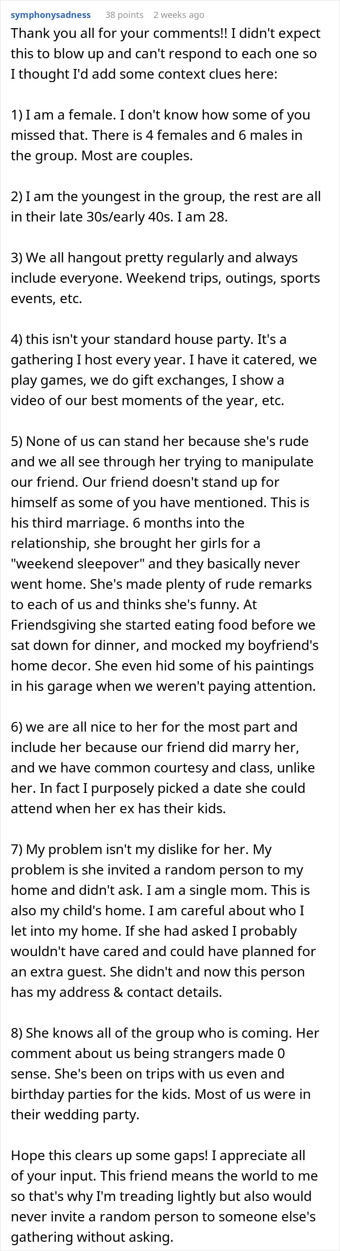 Excerpt from a post about host canceling Xmas after friend’s wife invites random people without permission Excerpt from a post about host canceling Xmas after friend’s wife invites random people without permission
