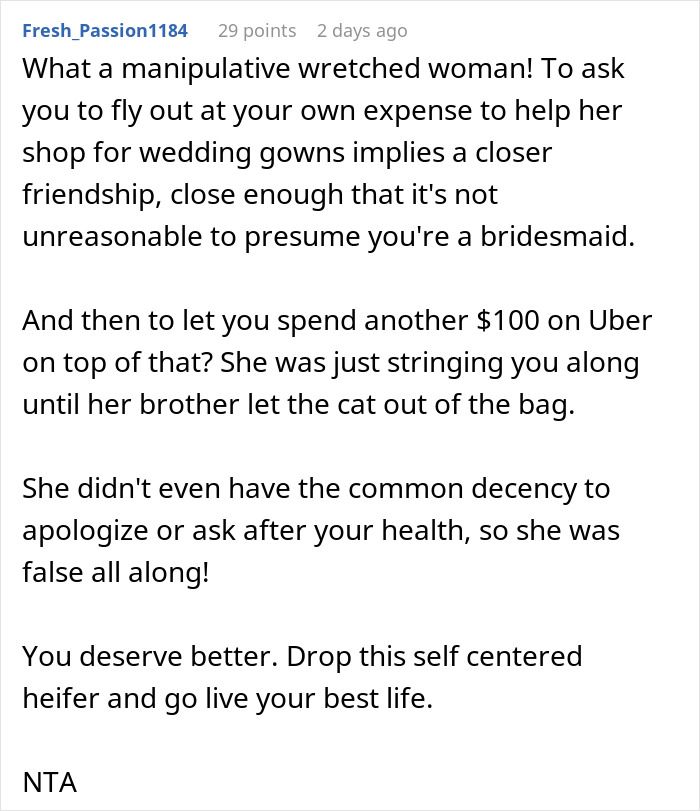Comment discussing a painful friendship wake-up call during a wedding dress shopping trip involving manipulation and false intentions.