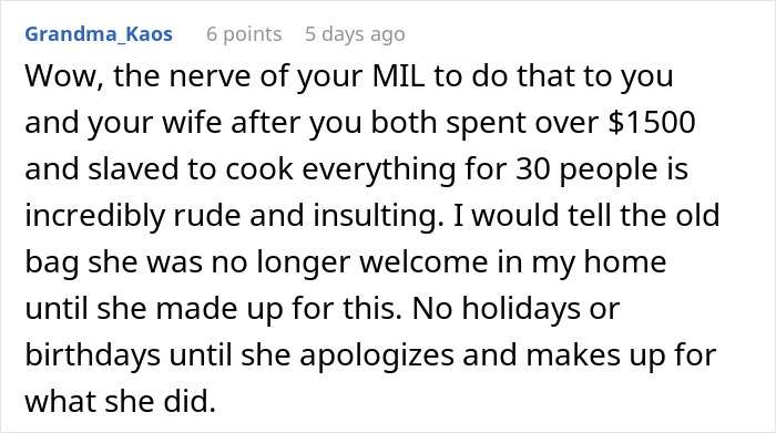Comment about a couple hosting an expensive Thanksgiving dinner and the rude behavior involving the missing leftovers.