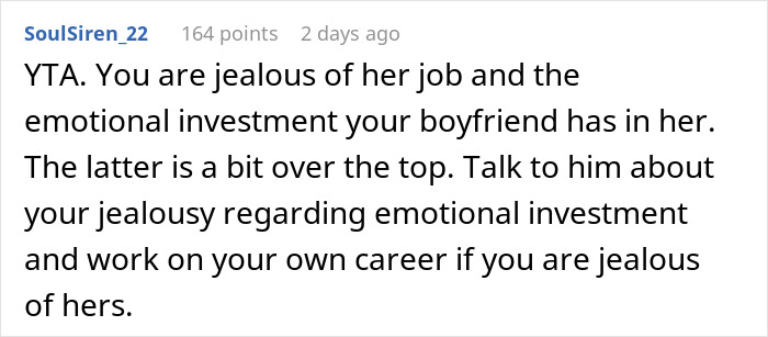 Screenshot of a Reddit comment discussing jealousy over a boyfriend’s emotional investment in a female colleague. Screenshot of a Reddit comment discussing jealousy over a boyfriend’s emotional investment in a female colleague.