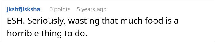 Screenshot of a forum comment discussing wasting food, related to a woman rethinking relationship after boyfriend salts chili. Screenshot of a forum comment discussing wasting food, related to a woman rethinking relationship after boyfriend salts chili.