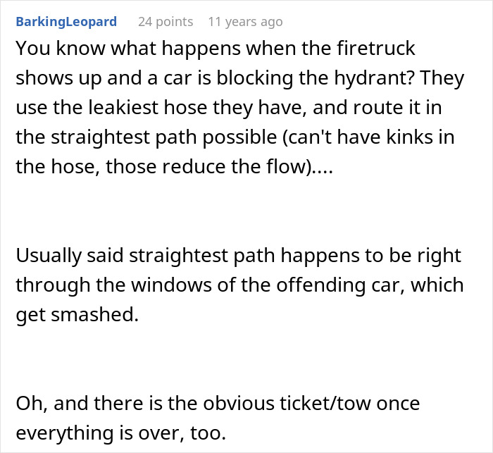 Comment explaining consequences of blocking fire hydrant and driveway, mentioning firetruck access and car damage risks. Comment explaining consequences of blocking fire hydrant and driveway, mentioning firetruck access and car damage risks.
