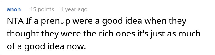 Screenshot of a Reddit comment discussing future in-laws demanding a prenup and reacting after learning about her wealthy family.