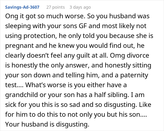 Comment discussing a man unsure if affair partner’s baby is his child or grandchild, and mentioning paternity test advice. Comment discussing a man unsure if affair partner’s baby is his child or grandchild, and mentioning paternity test advice.