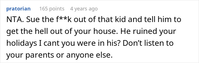 Screenshot of an online forum comment discussing a man demanding his cousin pay for a cruel prank and the aunt’s unexpected reaction.