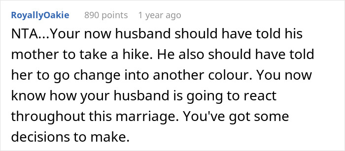 Text post from Reddit discussing a mother-in-law wearing a white dress to her son's wedding causing conflict with the bride. Text post from Reddit discussing a mother-in-law wearing a white dress to her son's wedding causing conflict with the bride.
