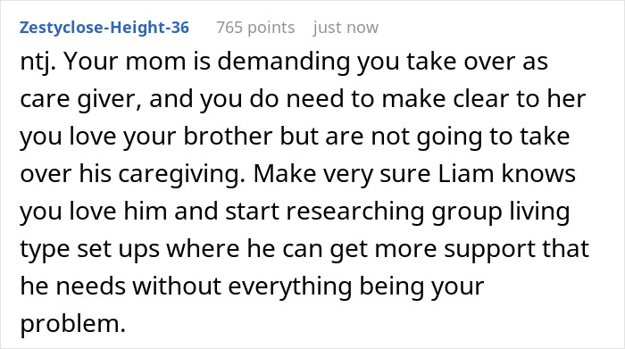 Text post discussing a woman caring for her autistic brother while facing demands from entitled parents. Text post discussing a woman caring for her autistic brother while facing demands from entitled parents.