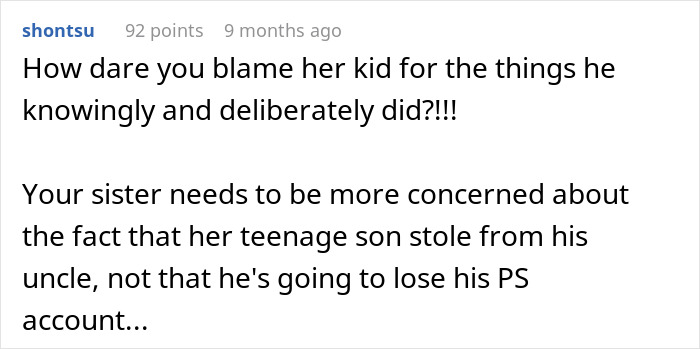 Comment discussing karma and entitled nephew who used a relative’s credit card to buy games online.