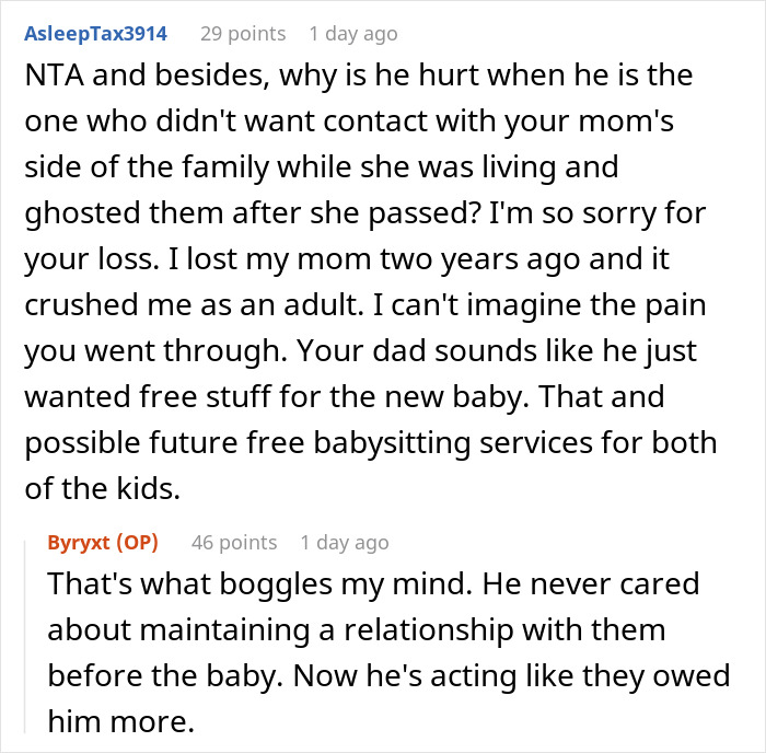 Reddit comments discussing dad cutting off late wife’s family and demands to welcome new baby, teen calling him out. Reddit comments discussing dad cutting off late wife’s family and demands to welcome new baby, teen calling him out.