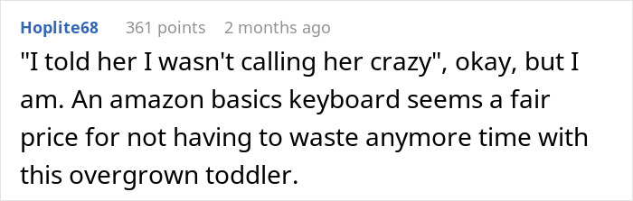 Screenshot of a Reddit comment discussing lending a spare keyboard and the reaction leading to a breakup. Screenshot of a Reddit comment discussing lending a spare keyboard and the reaction leading to a breakup.