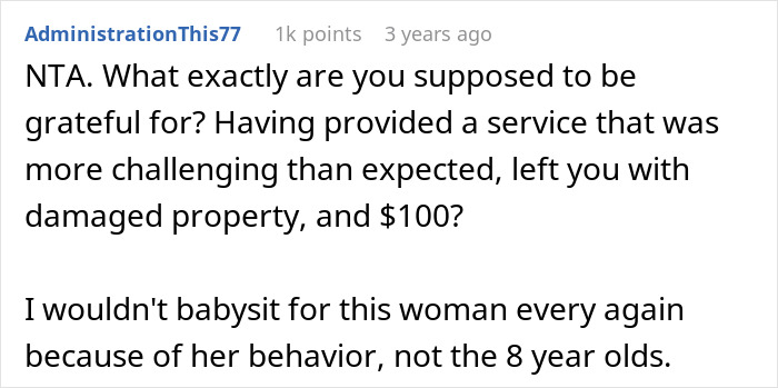 Alt text: Text comment explaining why a teen won’t babysit a reckless 8-year-old due to damaged property and unfair treatment. Alt text: Text comment explaining why a teen won’t babysit a reckless 8-year-old due to damaged property and unfair treatment.