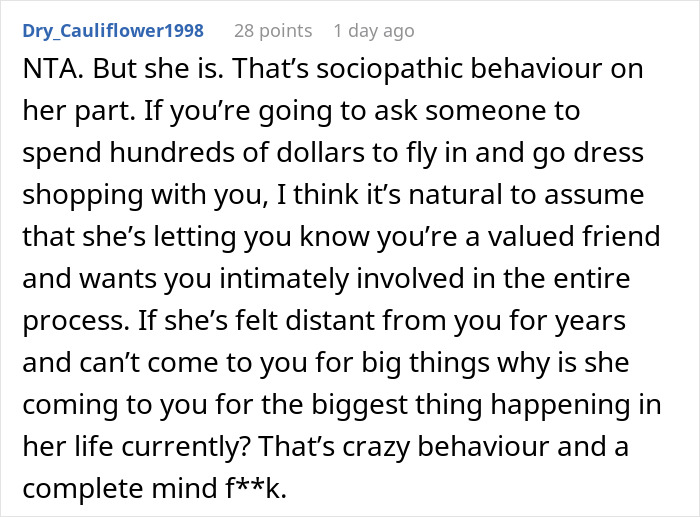 Comment discussing painful wedding dress shopping trip as a friendship wake-up call and emotional realization.