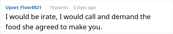 Screenshot of a comment expressing frustration about food promised for an expensive Thanksgiving dinner and missing leftovers. Screenshot of a comment expressing frustration about food promised for an expensive Thanksgiving dinner and missing leftovers.