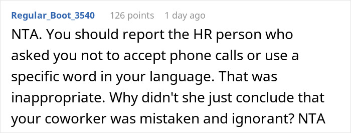 Screenshot of an online comment discussing HR involvement after a man takes a call in Korean, triggering a coworker.