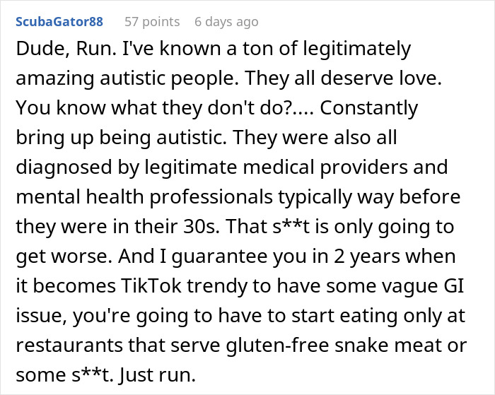 Screenshot of an online comment discussing self-diagnosed autism and its impact on a relationship.