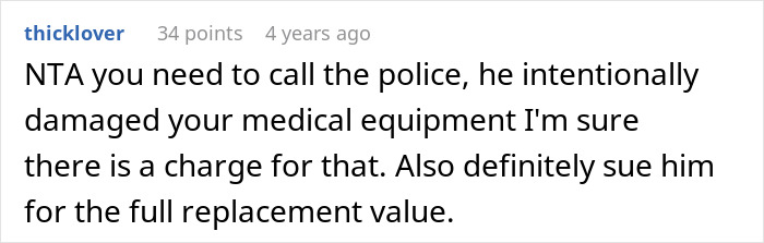 Screenshot of a social media comment advising to call police and sue cousin over damage from a cruel prank. Screenshot of a social media comment advising to call police and sue cousin over damage from a cruel prank.
