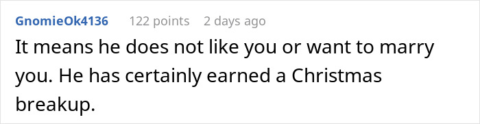 Screenshot of online comment about a man telling girlfriend she must earn an engagement ring, sparking drama.