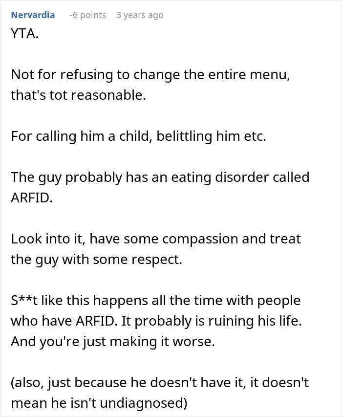 Comment discussing a picky eater demanding an in-laws’ Christmas menu change and the need for compassion and respect. Comment discussing a picky eater demanding an in-laws’ Christmas menu change and the need for compassion and respect.