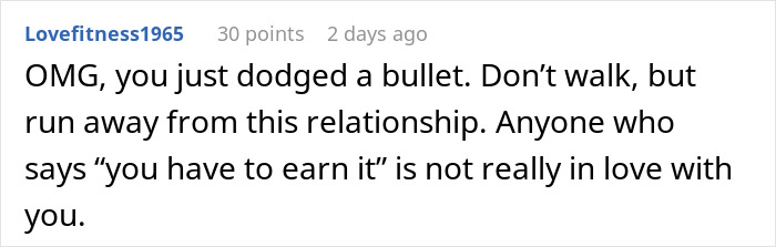 Comment warning about relationship drama where a man says his girlfriend must earn an engagement ring after years together.