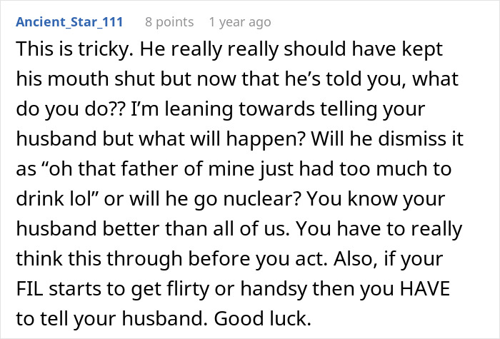 Screenshot of an online comment discussing a woman’s reaction to FIL’s unexpected love confession and secrecy request. Screenshot of an online comment discussing a woman’s reaction to FIL’s unexpected love confession and secrecy request.