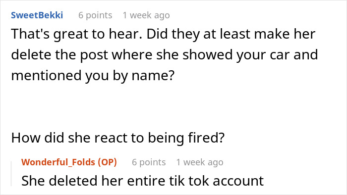 Screenshot of a social media conversation about a woman who put a coworker on blast and got fired.