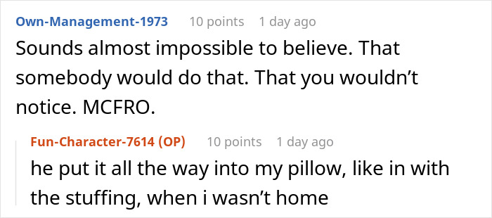 Screenshot of an online conversation where a guy tries to prove roommate is not allergic to grass by putting some in her pillow.