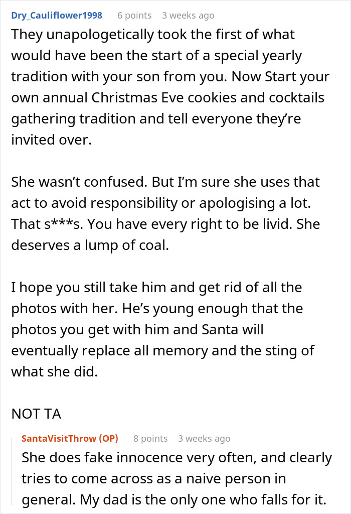 Step-grandma sneaks baby to Santa during babysitting, leading to loss of babysitting privileges and family conflict. Step-grandma sneaks baby to Santa during babysitting, leading to loss of babysitting privileges and family conflict.