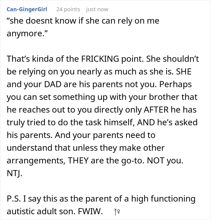 Comment discussing challenges of caring for an autistic brother and dealing with entitled parents' demands online. Comment discussing challenges of caring for an autistic brother and dealing with entitled parents' demands online.