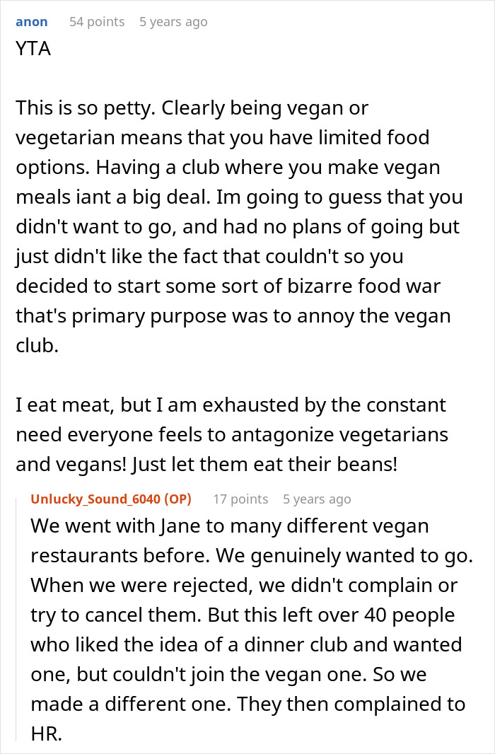 Comment section discussing employee pushback against vegan-only club sparking a literal beef food conflict. Comment section discussing employee pushback against vegan-only club sparking a literal beef food conflict.