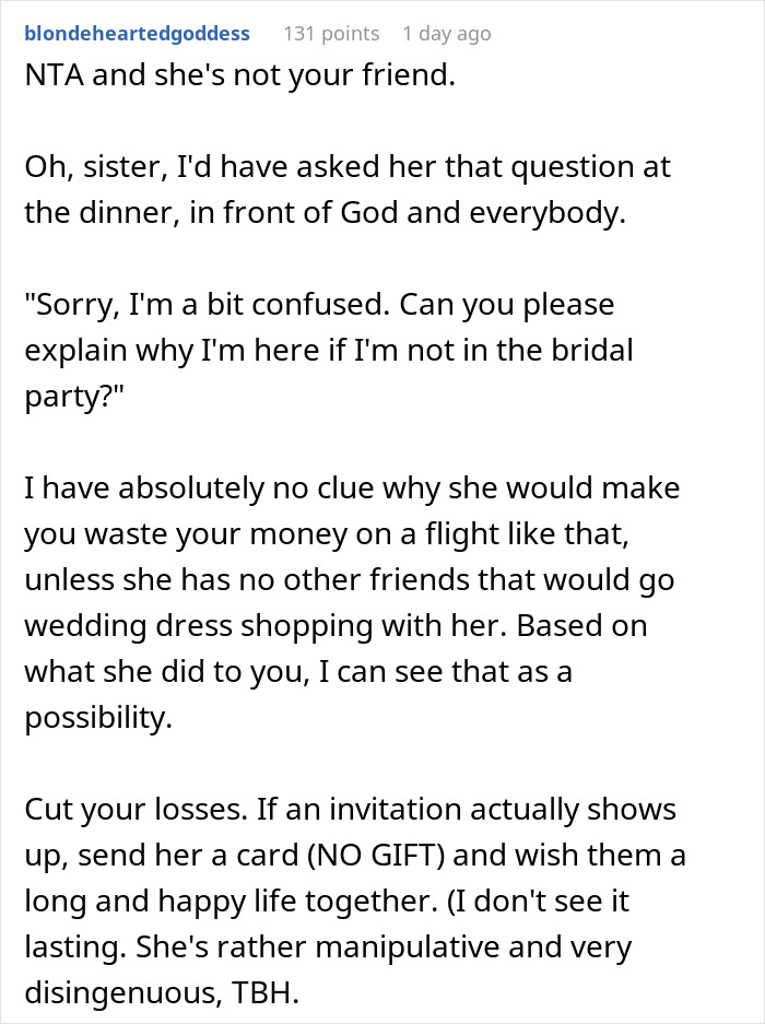 Text post discussing a painful wedding dress shopping trip as a friendship wake-up call with emotional pain.