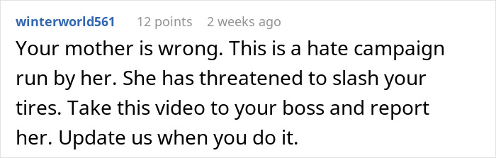 Screenshot of a comment discussing a coworker conflict involving threats and advice to report to a boss on social media.