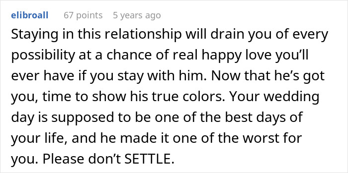 Comment on marriage falling apart after husband ruined wedding, warning against settling in toxic relationships. Comment on marriage falling apart after husband ruined wedding, warning against settling in toxic relationships.