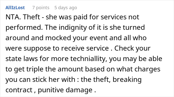 Screenshot of a comment discussing the makeup artist pretending to be sick and the impact on the wedding day services.