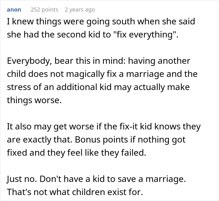 Parenting advice about stress and challenges when having another child to fix family issues shared in text post.