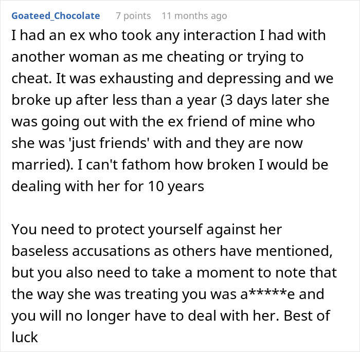 Reddit comment sharing experience of false cheating accusations from a partner and advice on protecting reputation after breakup.